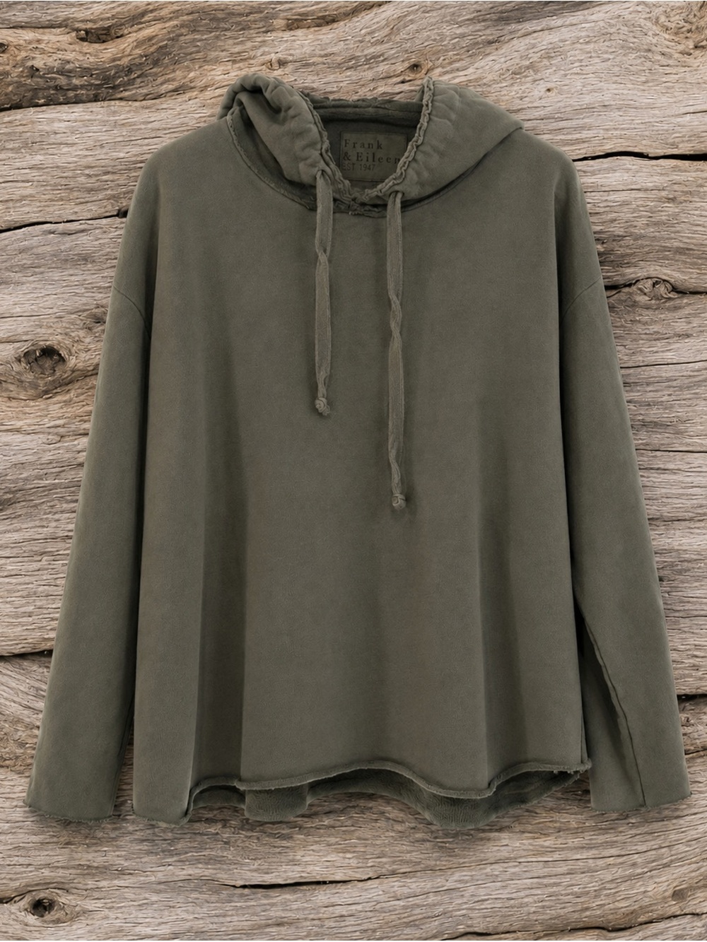 Frank & Eileen Kane Caplet Hoodie Olive Green Raw Edge Pullover Sweatshirt S